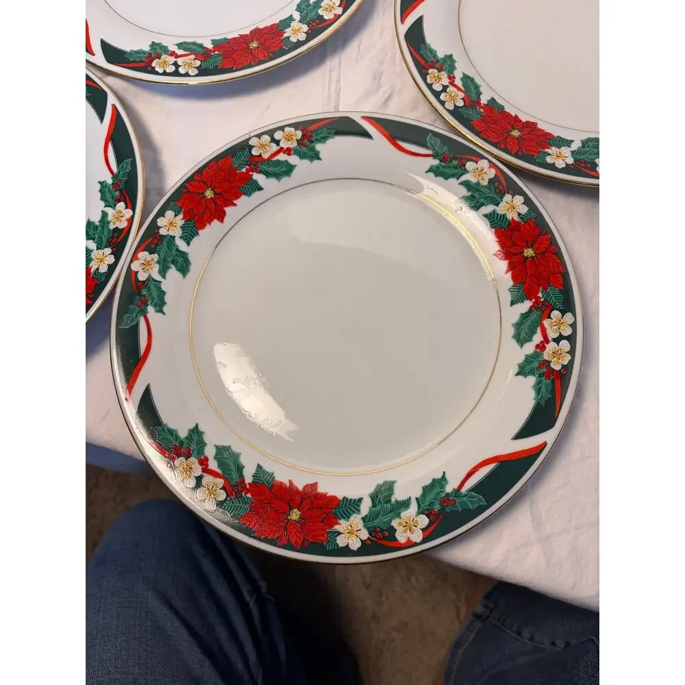VTG Tienshan Deck the Halls China. set of 4 dinner plates - 10.5 inch, Christmas